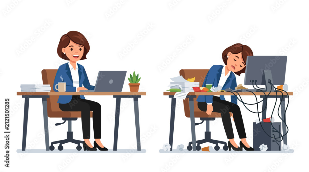 Fototapeta premium Elegant Contrast Professional Woman Smiling at Work vs Overwhelmed Colleague with Messy Desk and Tangled Cables