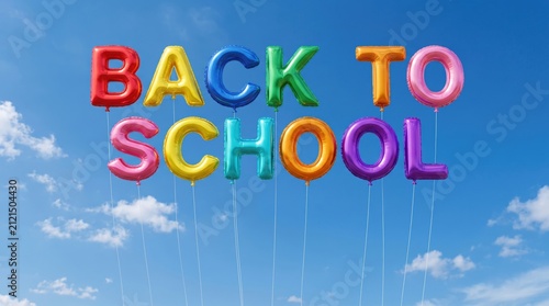 Colorful balloon letters spelling Back to School against a blue sky with clouds. Education, first day of school, celebration and learning concept