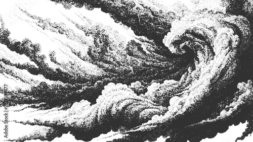 Vintage Style Stippled Illustration of Stormy Clouds and Waves