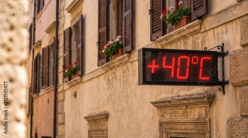 Digital temperature display showing 40°C on a historic city street during an extreme summer heatwave. Concept of climate change, high temperatures, urban heat and hot weather