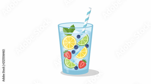 Refreshing Infused Water: A tall glass filled with cool, clear water is brimming with slices of lemon, lime, blueberries, strawberries, and fresh mint, a vibrant and healthy beverage.
