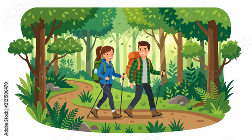 Forest Trek: A man and woman hike on a path through a lush, green forest, enjoying an outdoor adventure with backpacks and trekking poles.