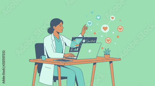 Doctor using laptop and digital interface to analyze health data and social connections, healthcare technology concept