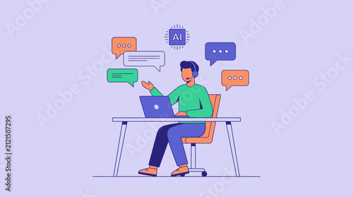 AI-powered virtual assistant providing online customer support. Man with headset, laptop, chat bubbles, and AI chip. Modern communication concept.