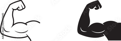 Bild auf Leinwand Flexed bicep icon set featuring black silhouette and outline styles, muscular st