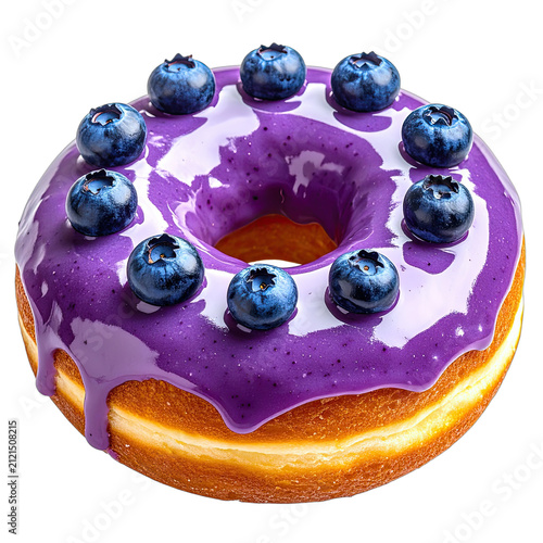 A close-up studio shot of a blueberry donut with purple frosting.