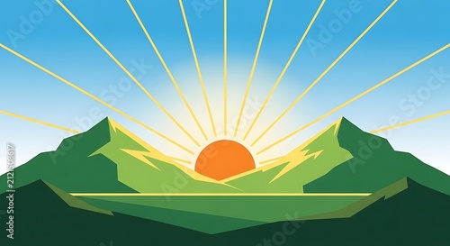 Sunset over lush green hills with sunburst rays.
