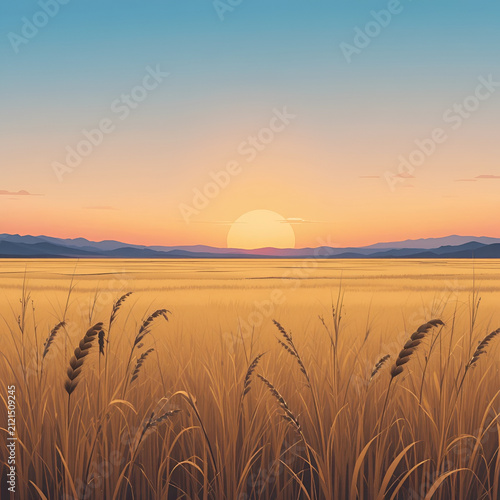Golden Wheat Field Landscape Under Beautiful Sunset Sun With Mountains In Distance