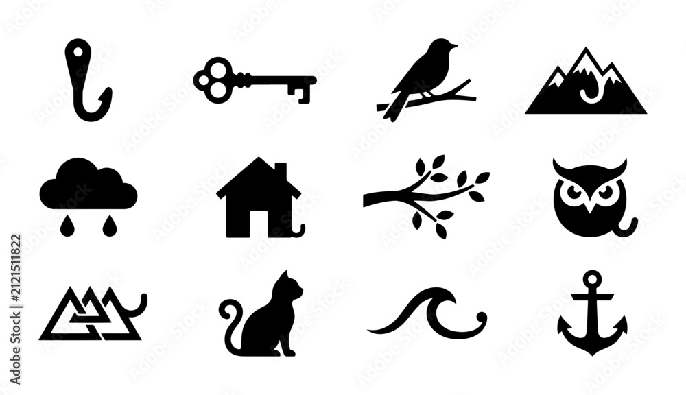 Fototapeta premium Vector Icon Set: Nature, Home, Animals, Objects, Weather, Nautical Symbols, 12 Black Silhouettes for Design