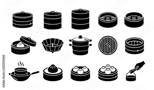 15 Black and White Dim Sum Steamer Baskets, Dumpling Cooking Vessels, Asian Food Preparation Icons, Vector Set