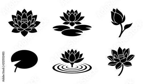 Fotografie 70 Elegant Black Lotus Flower Icons, Water Lily Vector Set, Zen Floral Symbols,