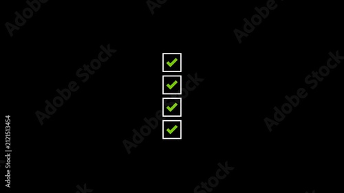Animated checklist with green checkmarks in square boxes. Productivity, task completion, business planning, and educational goal setting with alpha channel .