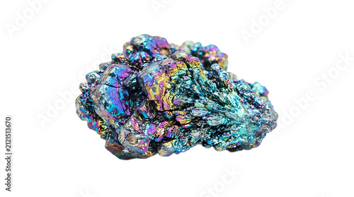 Iridescent silicon carbide mineral cluster with rainbow metallic colors isolated on a white background, for geological collection display