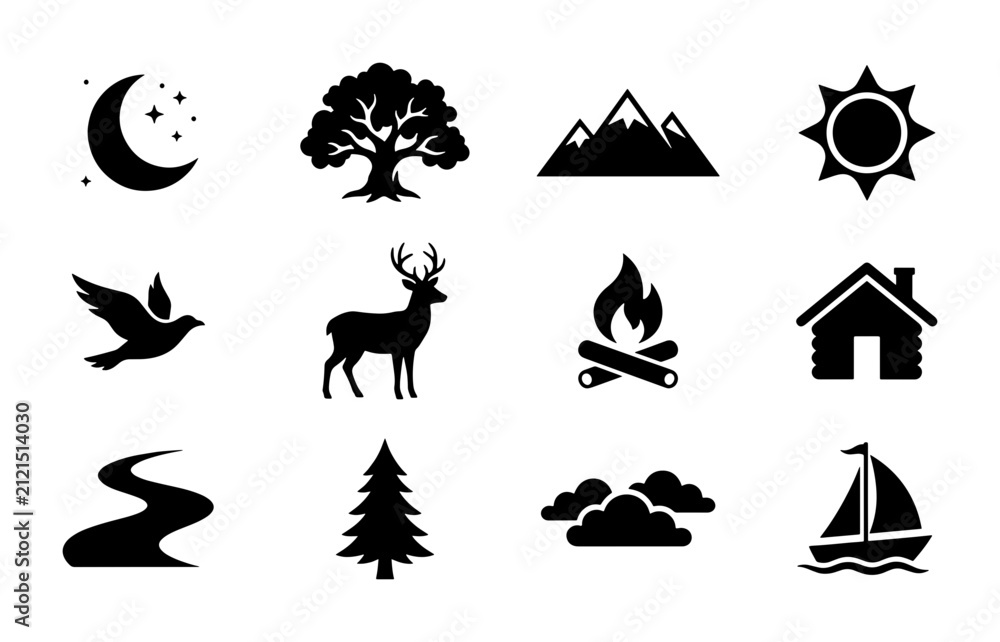 Fototapeta premium Nature Icons Set: Moon, Stars, Oak Tree, Mountains, Sun, Bird, Deer, Campfire, House, River, Pine Tree, Clouds, Sailboat, Vector Graphics for Outdoor and Landscape Themes