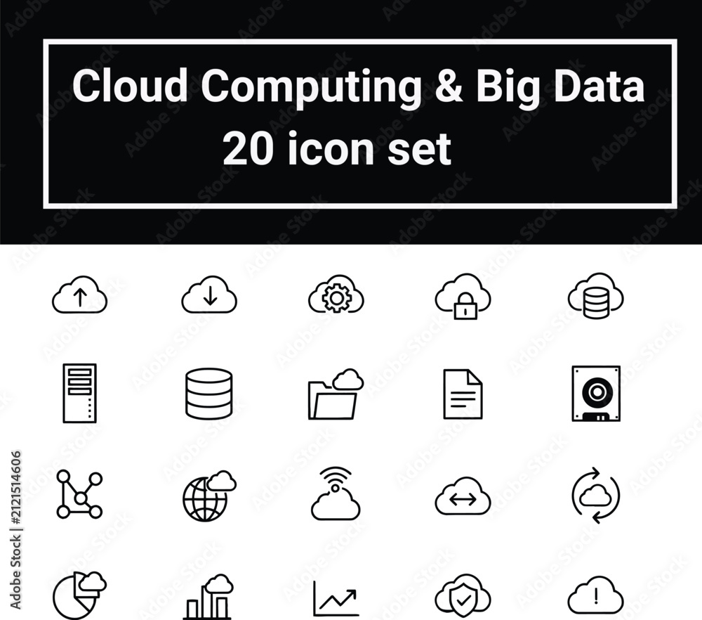 Naklejka premium Cloud Computing and Big Data 20 Icon Set, Minimalist Black Outline Vector Graphics, Modern Network Infrastructure and Storage Symbols for Tech UI