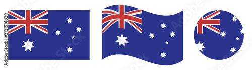 australia flag icon set vector, australian national flag in rectangle waving and round circle styles isolated on white background