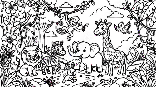 Canvas Print Cute Animal Adventure Scene — lion, elephant, giraffe, monkey, zebra, rabbit and