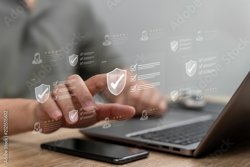 Businessman Rating Insurance Company Service on Digital Platform, Customer Satisfaction Review, Online Feedback, Insurance Reputation, Star Rating, Customer Experience and Insurance Service Evaluation