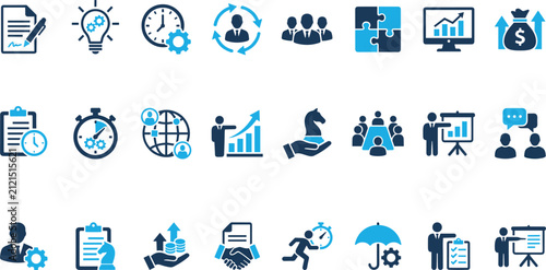 Business management, teamwork collaboration, productivity icons, financial success, problem solving, growth analytics, strategic planning, innovation ideas, workplace design, corporate success
