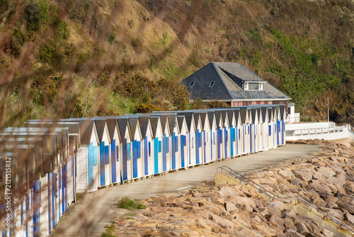Plage de la potinière et ses cabines de bain, Barneville-Carteret station balnéaire, Cotentin, Manche, Normandie