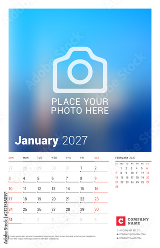 Professional January 2027 calendar planner vector illustration template featuring Sunday week start layout delivers a highly functional design helping corporate offices organize monthly goals
