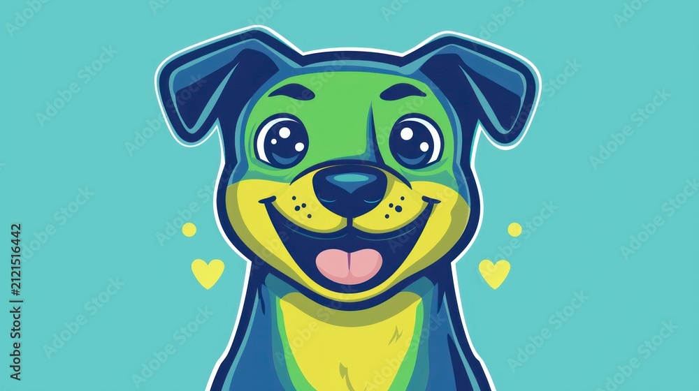 Naklejka premium Cute cartoon dog portrait against teal background, suitable for children's book illustrations