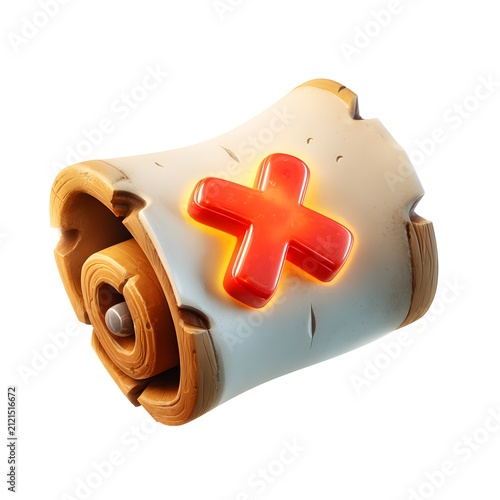 Rolled up scroll with medical cross symbol and wooden handle on a white background