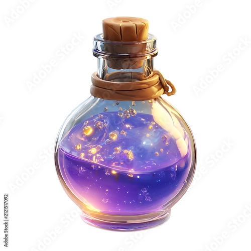 Magical potion in glass bottle with glowing purple liquid and golden sparkles, fantasy mystical elixir for magic, alchemy, or potion-themed concepts
