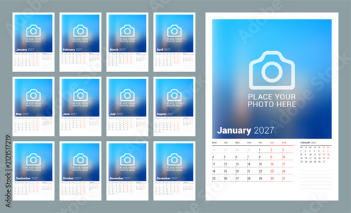 Professional calendar planner template 2027 vector illustration features clean grid layout with Monday week start, January month page, corporate business design and image placeholders