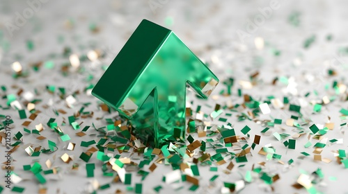 Green Curved Arrow Symbol Emerging from Golden and Green Confetti on Silver Background