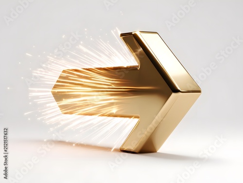 Modern gold arrow sculpture with sparks and light effects on neutral background
