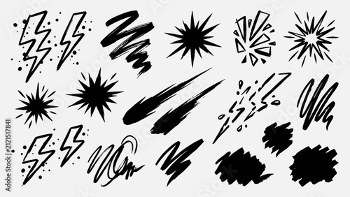 Hand drawn vector comic elements set with lightning bolts starbursts scribbles and brush strokes for graphic design