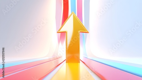 Bright yellow upward arrow pointing towards colorful abstract background with pink, blue, and red streaks