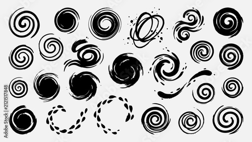 Black hand drawn spiral and swirl vector elements set with ink splatters and vortex shapes for graphic design