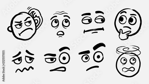 Hand drawn cartoon faces with various expressions vector set showing confused thinking sad and shocked emotions