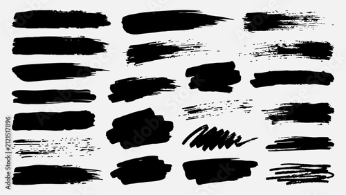 Black paint brush strokes vector set with grunge texture and ink splatters for design elements