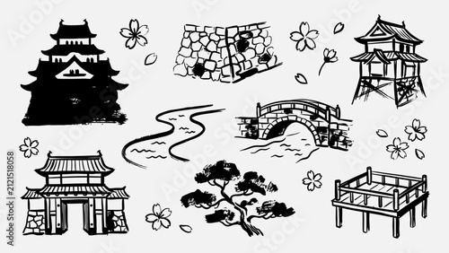 Traditional Japanese castle and garden elements vector set featuring hand drawn ink brush style architecture and nature icons