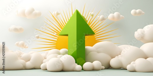 Green Upward Arrow Rising with Sun and Clouds in Sky for Growth Concept
