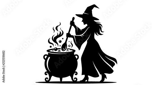 Obraz na plátne Witch silhouette brewing magic potion in cauldron, mystical sorceress with point