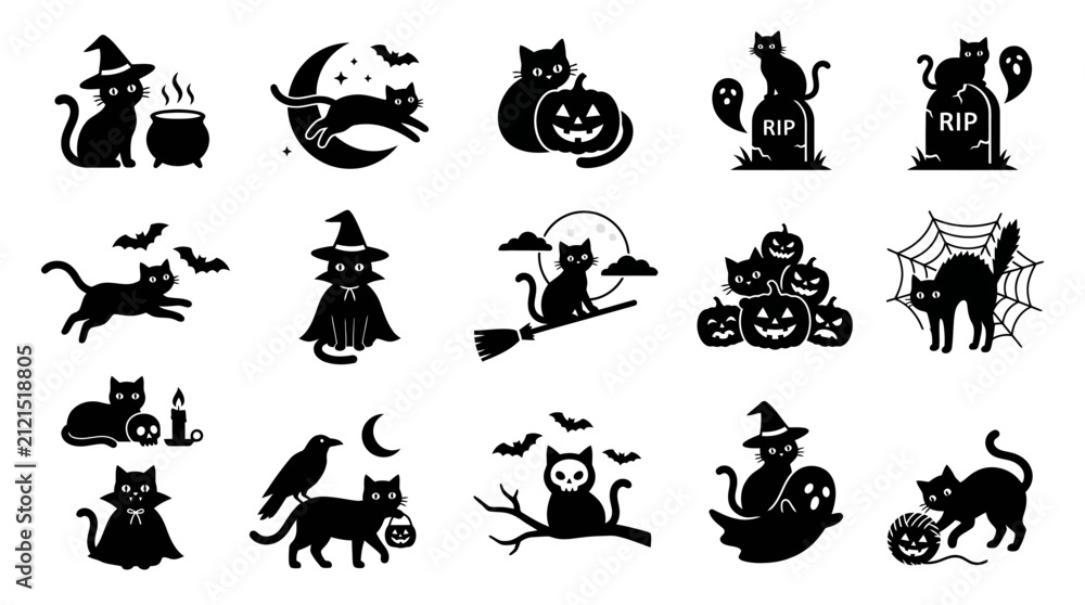 Obraz premium Halloween black cat vector icons set, spooky kitten silhouettes with pumpkins and ghosts, 15 gothic feline illustrations for holiday decor