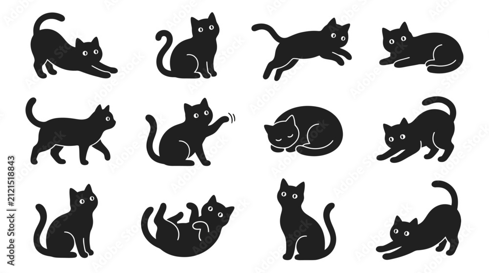 Fototapeta premium Minimalist black cat silhouette collection, set of 12 feline character icons in various poses, flat vector pet illustrations for logo design and web