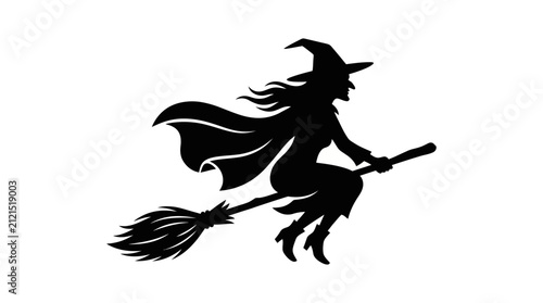 Obraz na płótnie Halloween witch silhouette flying on broomstick, spooky sorceress with pointed h