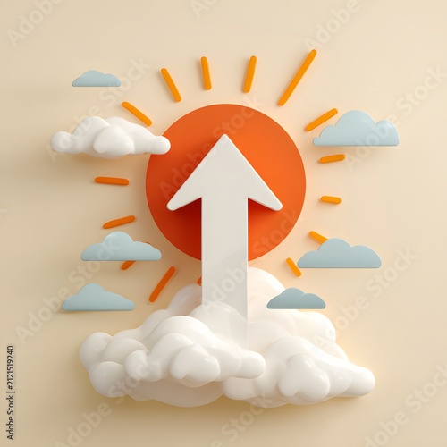 Creative 3D Illustration of Upward Arrow with Sun and Cloud Background