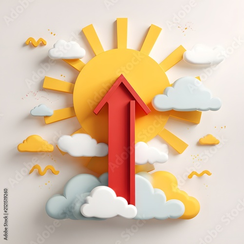 Bright Sun and Cloud Illustration with Upward Arrow for Weather and Climate Concept