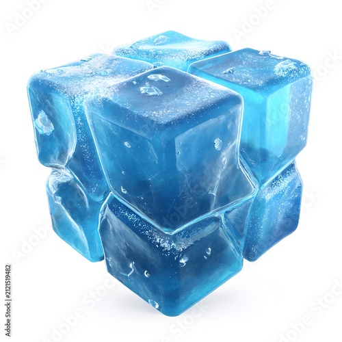 Close-up of Blue Ice Cubes with Water Droplets and Bubbles on a White Surface