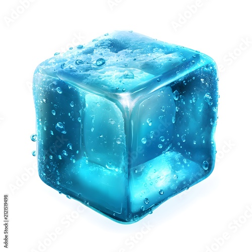Close-up of a translucent blue ice cube with water bubbles isolated on white background