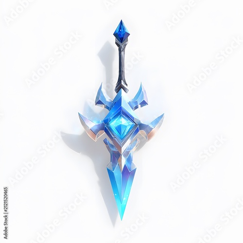 Fantastical Blue Crystal Sword with Metallic Detailing and Sharp Edges