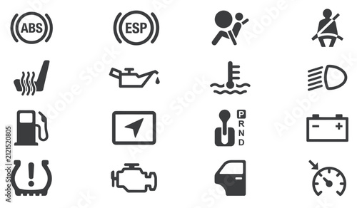 Konstfotografi "Collection of Black and White Car Dashboard Warning and Indicator Symbols for A