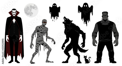 Photography Classic Halloween monster characters set, spooky vampire mummy werewolf and fran