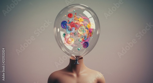 Person with colorful balloons in head.